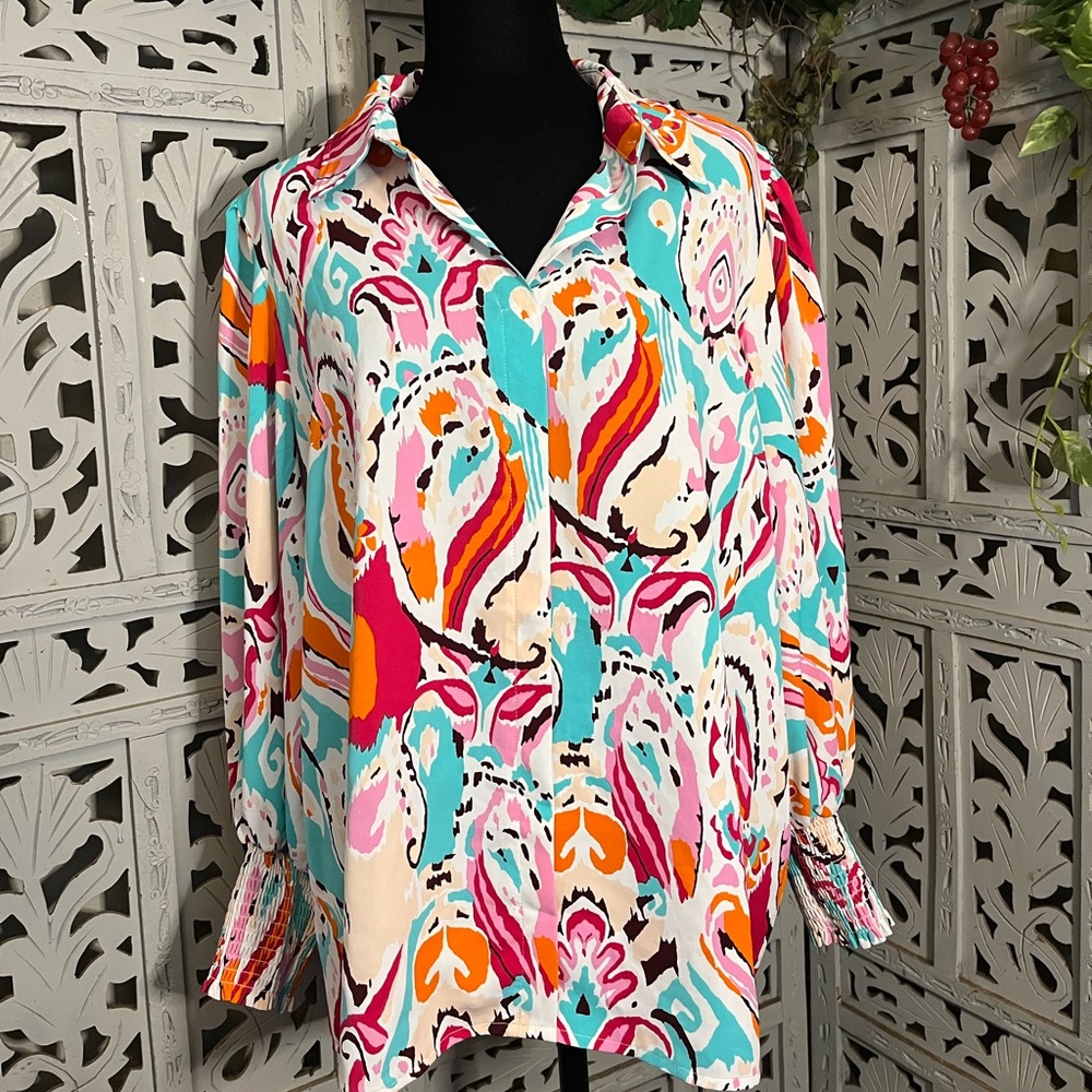 PERFECT PINK & MULTICOLOR PAISLEY WITH AWESOME ABSTRACT LONG SLEEVE TOP